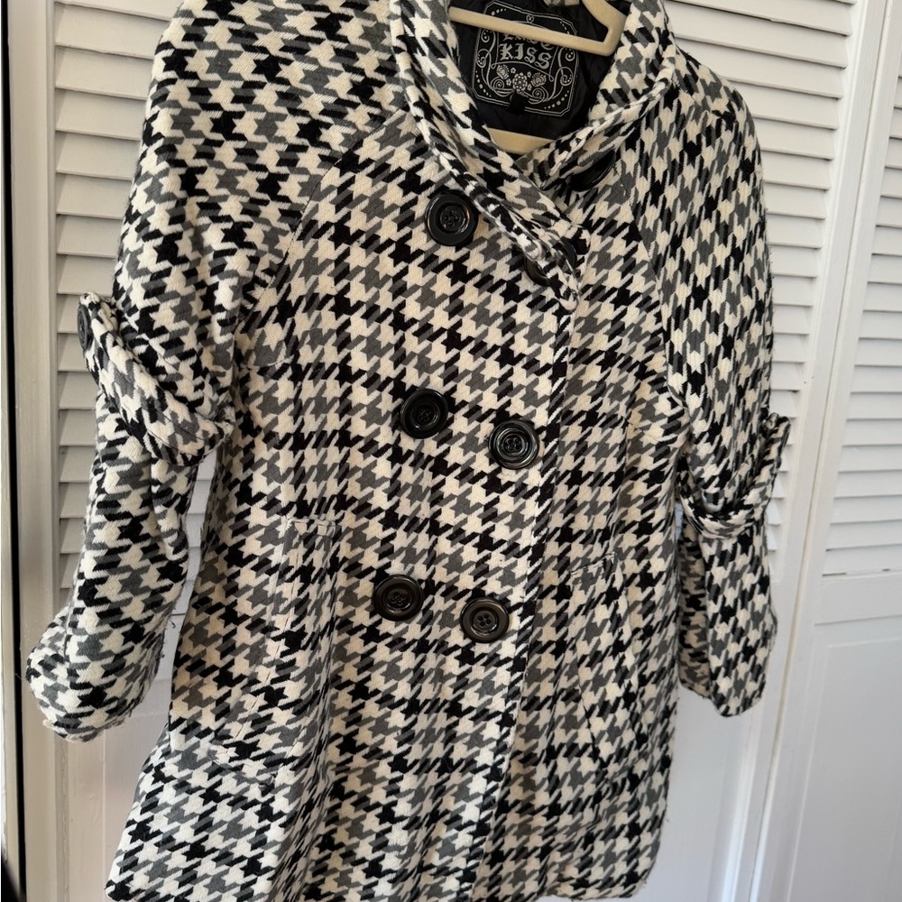Kiss Houndstooth Double-Breasted Pea Coat
